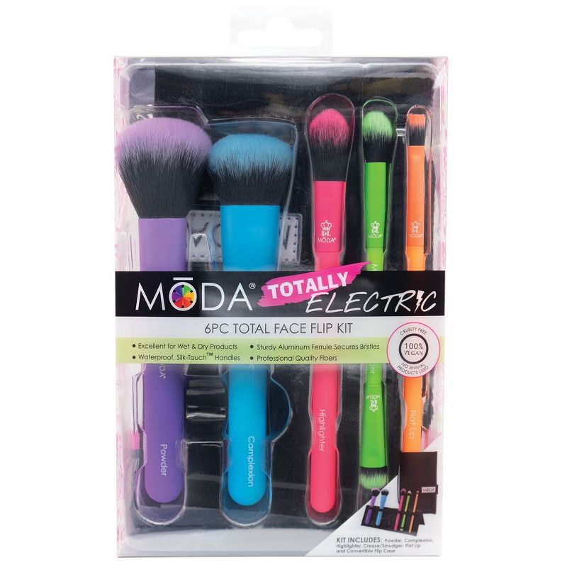MODA Brush Totally Electric 6pc Complete Face Flip Kit Makeup Brush Set with Travel Flip Case