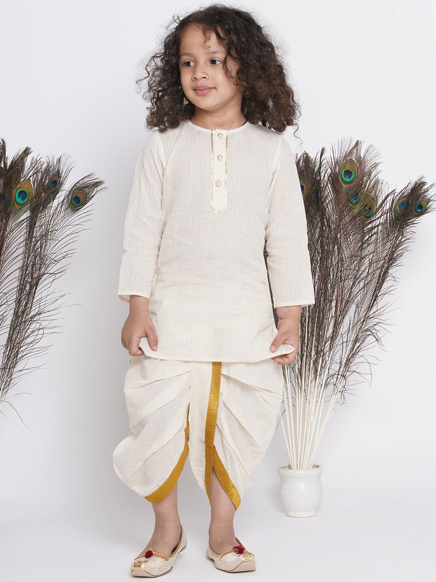 Little Bansi Kids Cream Embroidered Full Sleeves Kurta , Jacket with Dhoti