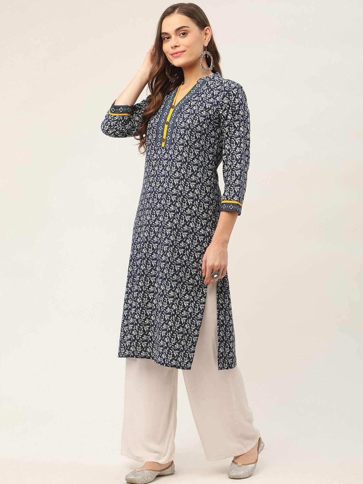 Jompers Blue Pure Cotton Floral Print Straight Kurta