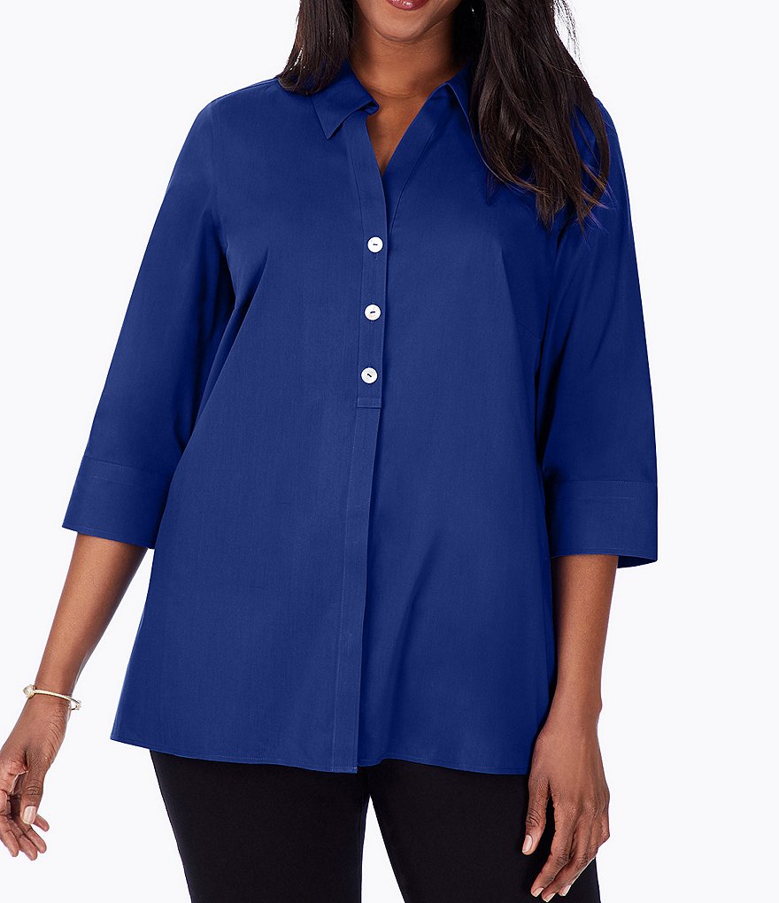 Foxcroft Plus Size Pamela Point Collar Neck 3/4 Sleeve Button Back Shaped Tunic