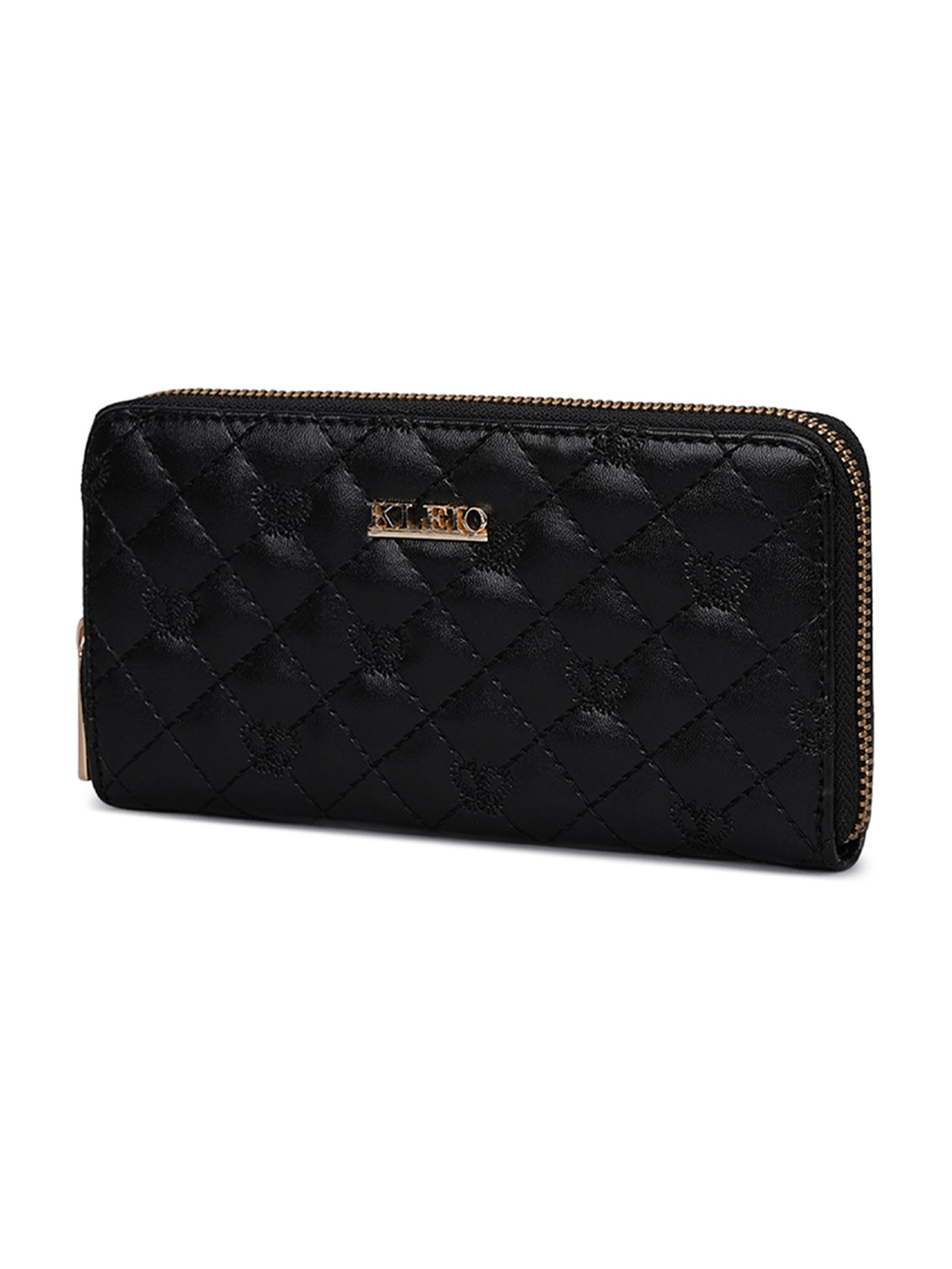 KLEIO Black Quilted Zip Around Wallet for Women