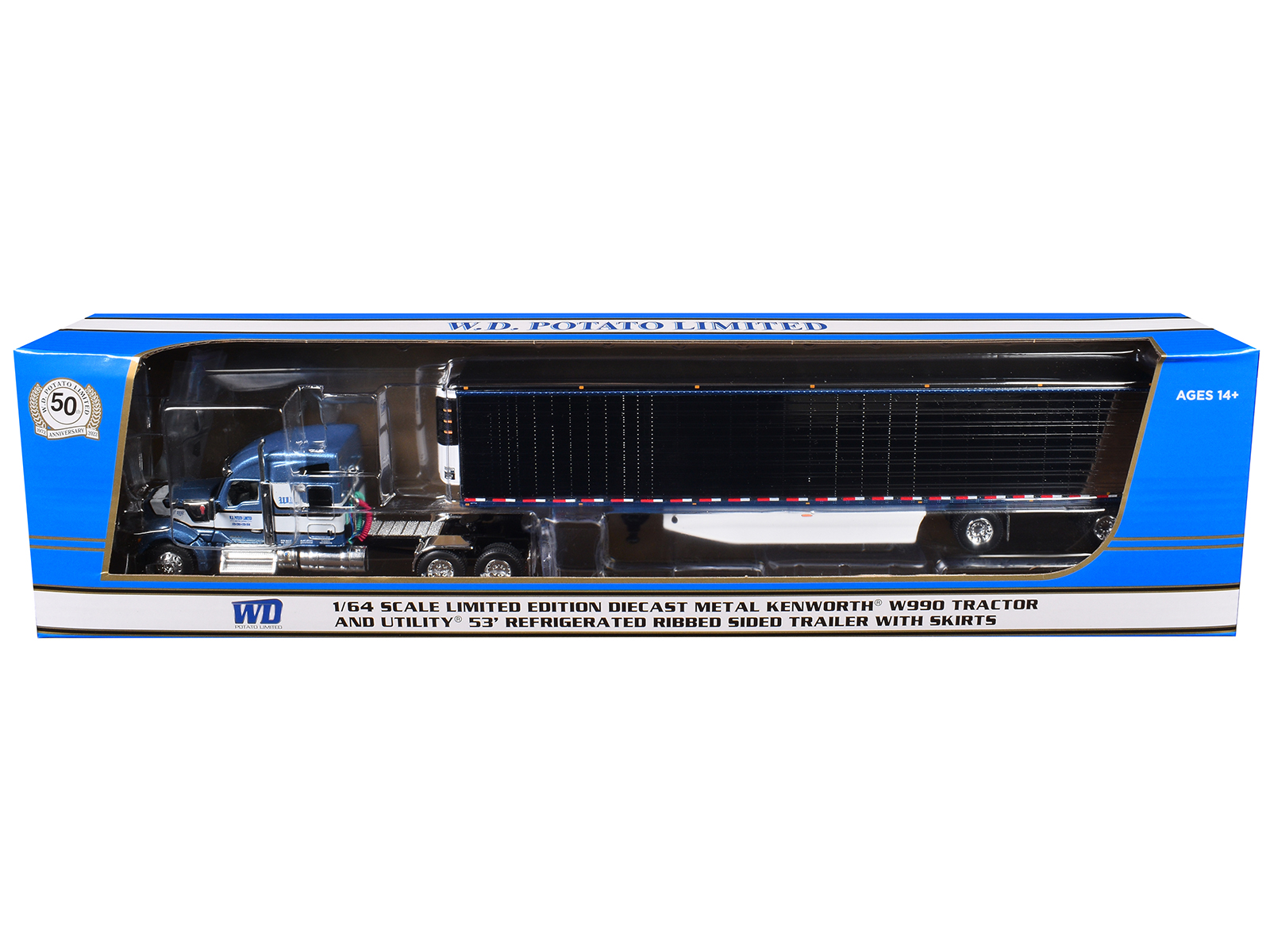 Kenworth W990 76" Mid-Roof Sleeper and Utility 53' Refrigerated Trailer with Skirts Blue Metallic "WD Potato Limited" 1/64 Diecast Model by DCP/First Gear