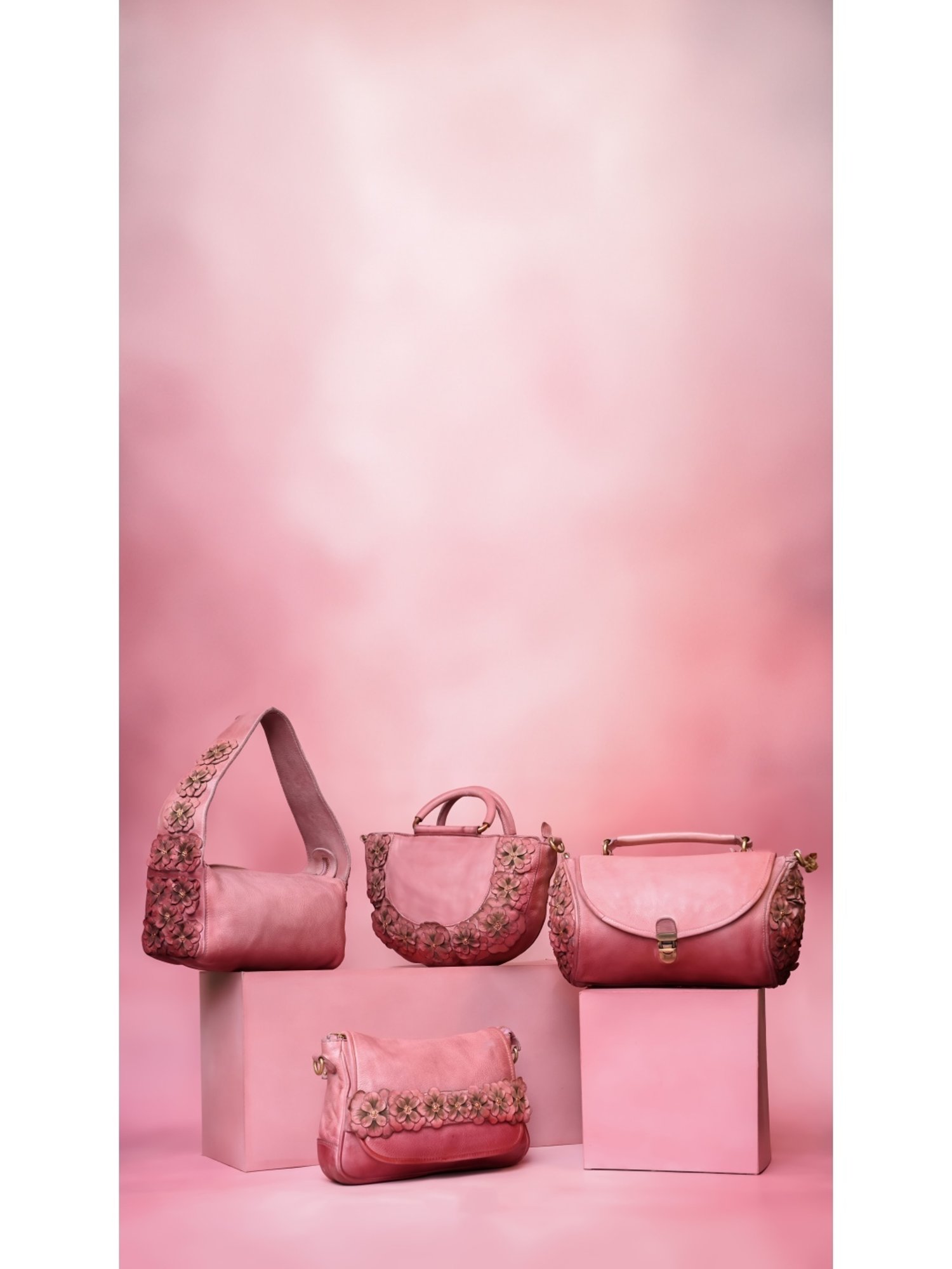 Art N Vintage Roseate Rose Pink Leather Floral Medium Handbag