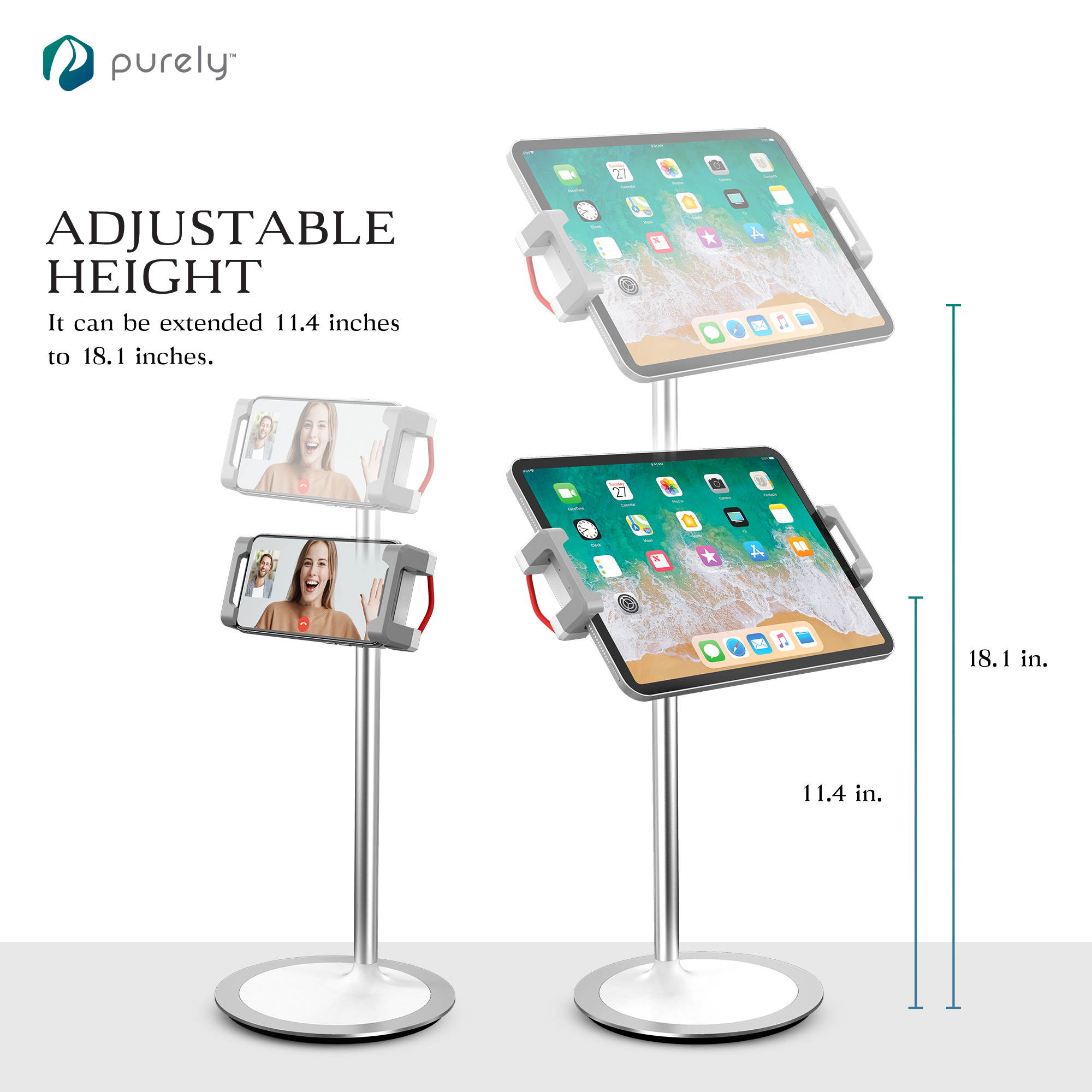 Purely Adjustable Phone and Tablet Stand | Holder for Desk with Clamp for iPhone, iPad, Android, and Tablets - Full 360&deg; Motion and Weighted Base, Adjustable Height from 11"-18" &ndash; White