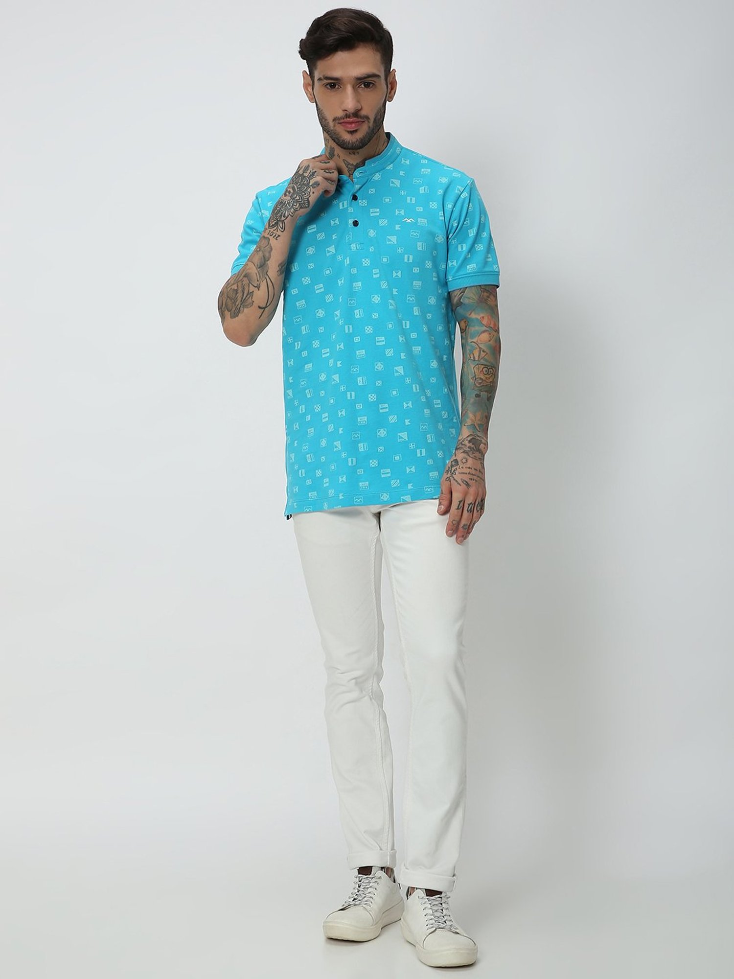 Mufti Light Blue Slim Fit Printed Mandarin Collar Cotton T-Shirt
