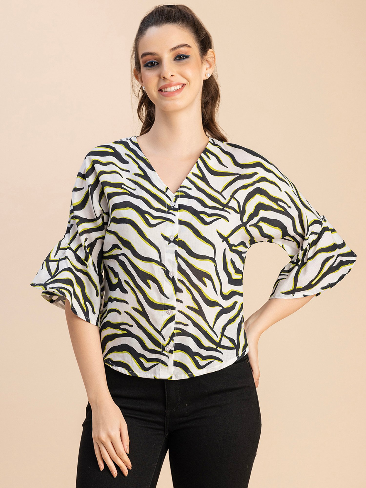 Moomaya White & Black Cotton Printed Top