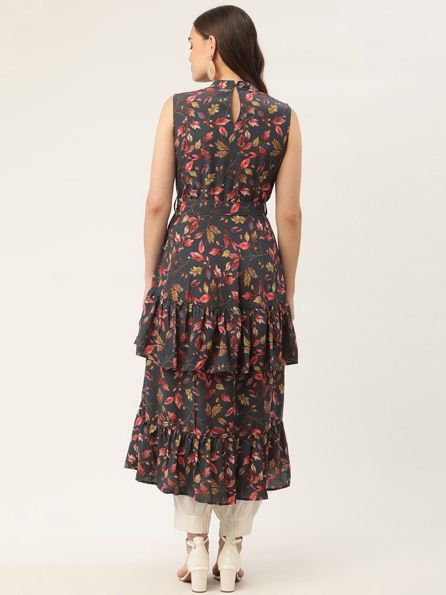 Jompers Grey & Pink Floral Print Flared Kurta