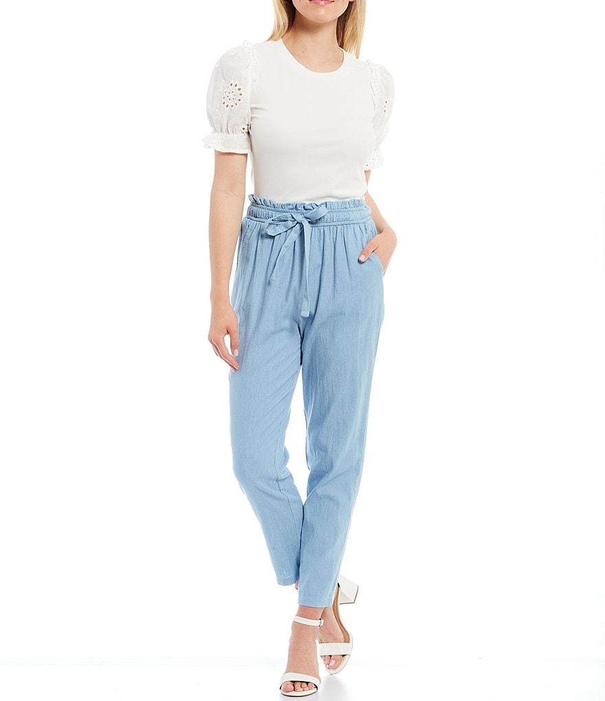 Sugarlips Crew Neck Eyelet Puff Sleeve Shoulder-Frill Detail Mixed Media Top