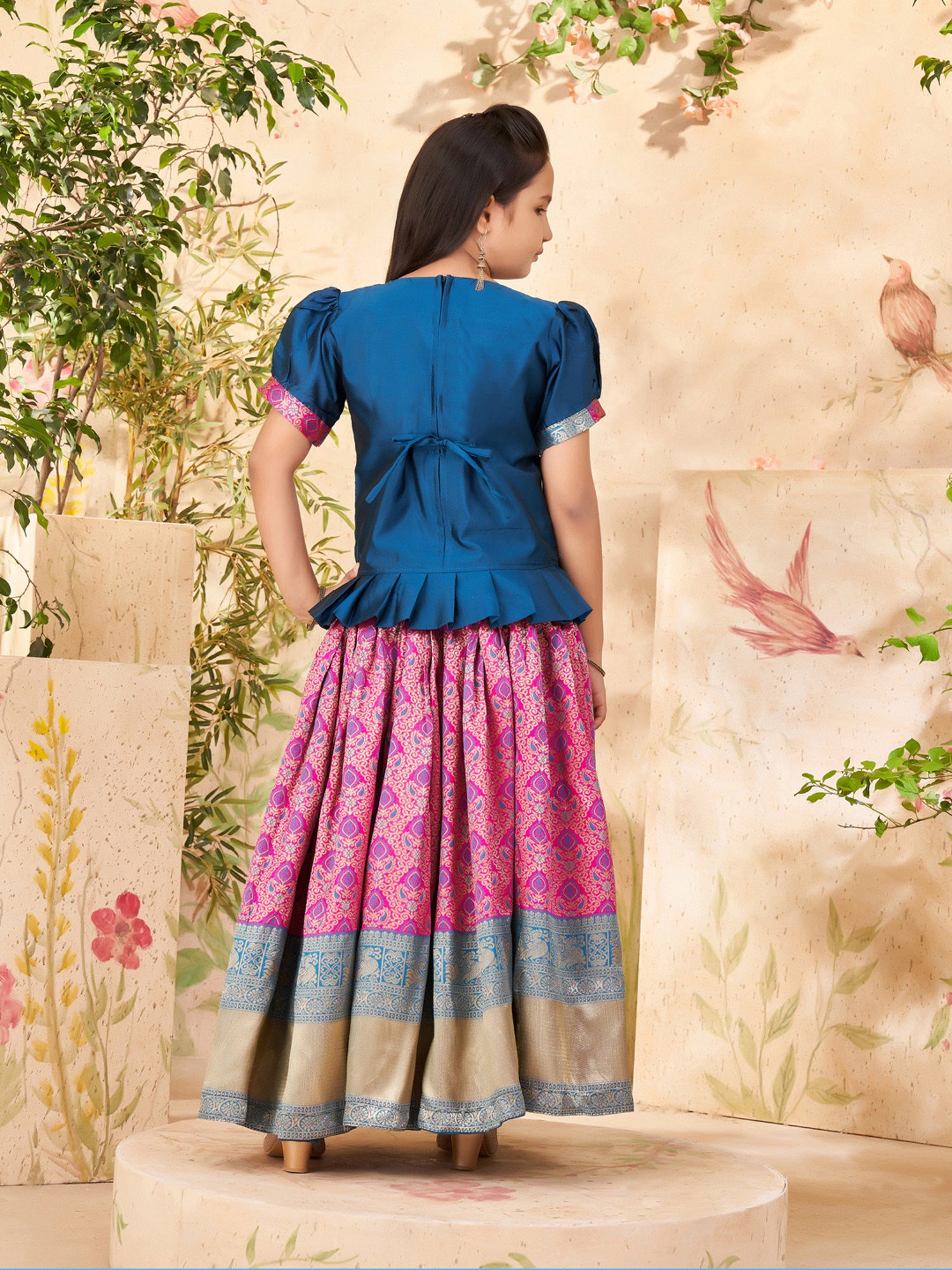 A Little Fable Kids Blue Printed Lehenga with Choli & Dupatta