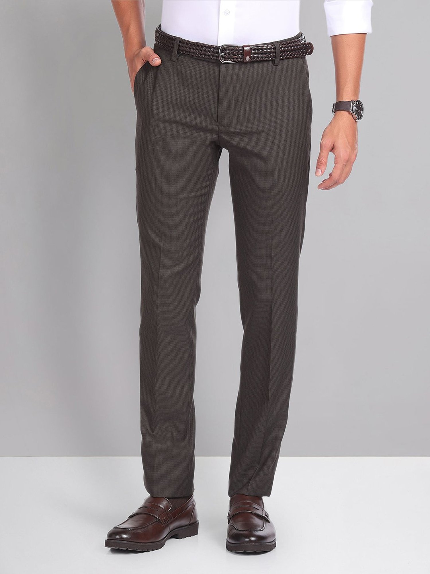 AD by Arvind Brown Slim Fit Flat Front Trousers