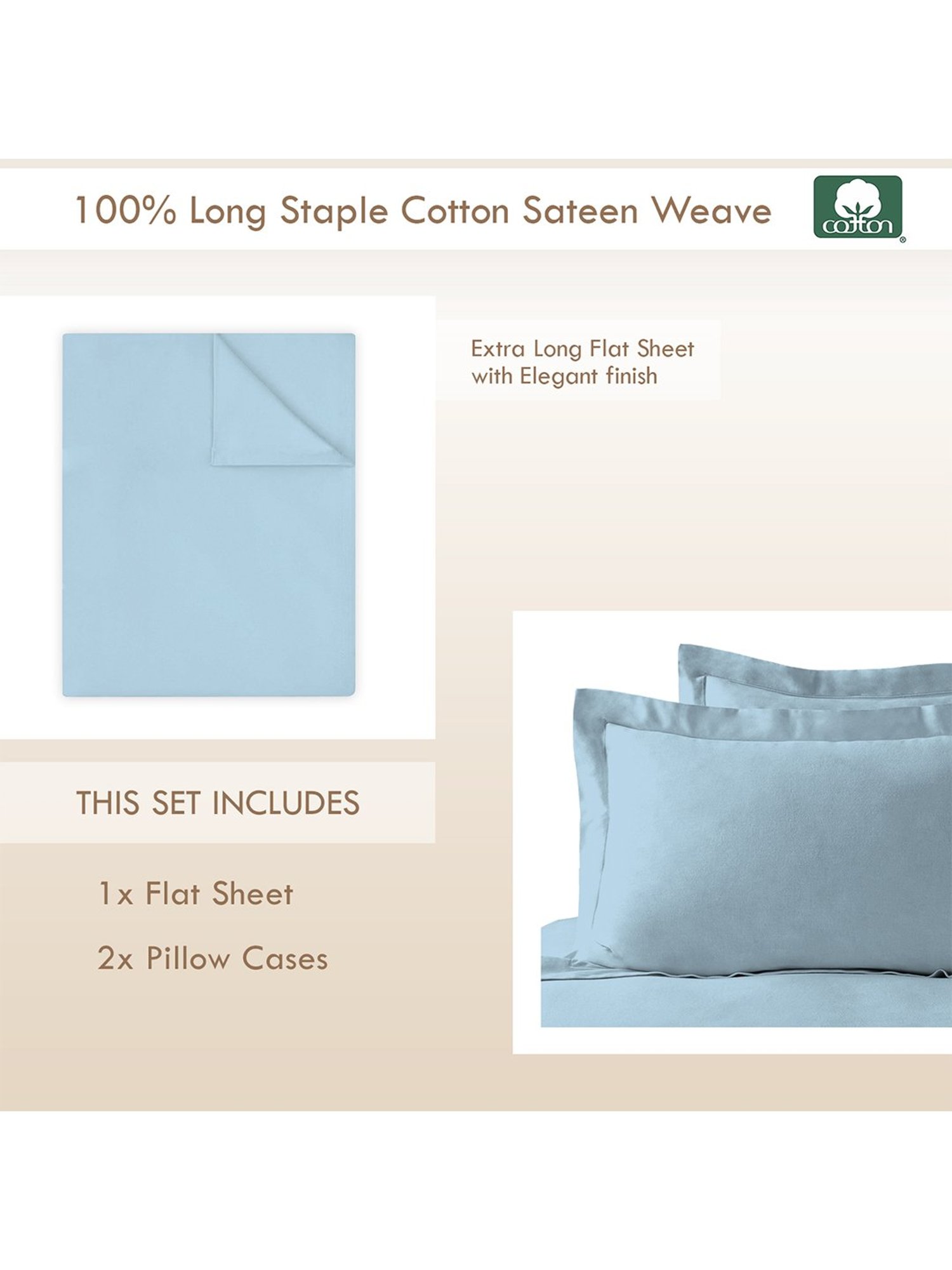 Pizuna Blue 400 TC Cotton Bed Sheet with 2 Pillow Cover