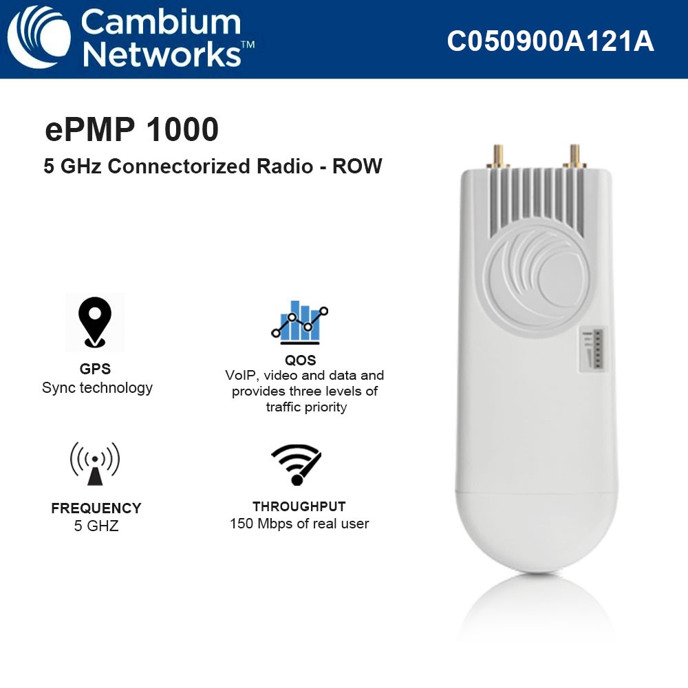 Cambium ePMP 1000 5 GHz Connectorized Radio 2x2 MIMO-OFDM and 150 Mbps of real user throughput (ROW) US Cord - C050900A121A