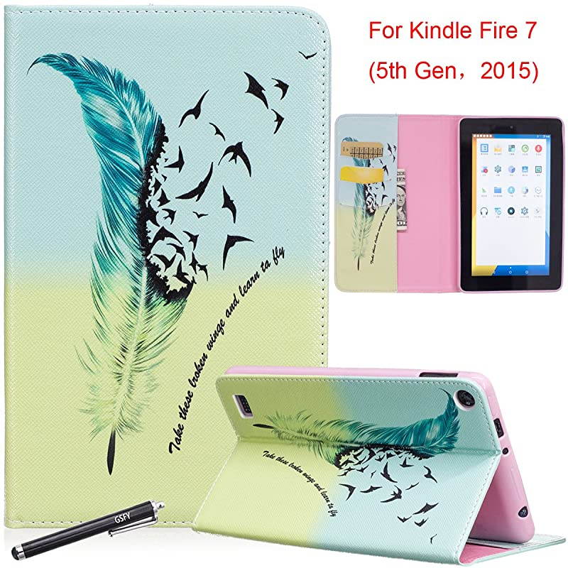 Case for Fire 7 2015  Kickstand Slim Fit Flip Cover with Card Slots Cash Holder Protective Case for  Kindle Fire 7 Display 5th Generation 2015 Release Feather