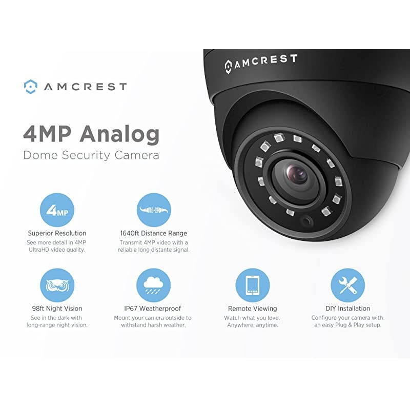 UltraHD 4MP HDAnalog Dome Outdoor Security Camera 4MP 2688x1520 65ft Night Vision IP67 Weatherproof Metal Housing 28mm Lens 997&deg; Viewing Angle 4MP 15fps Black AMC4MDM28B