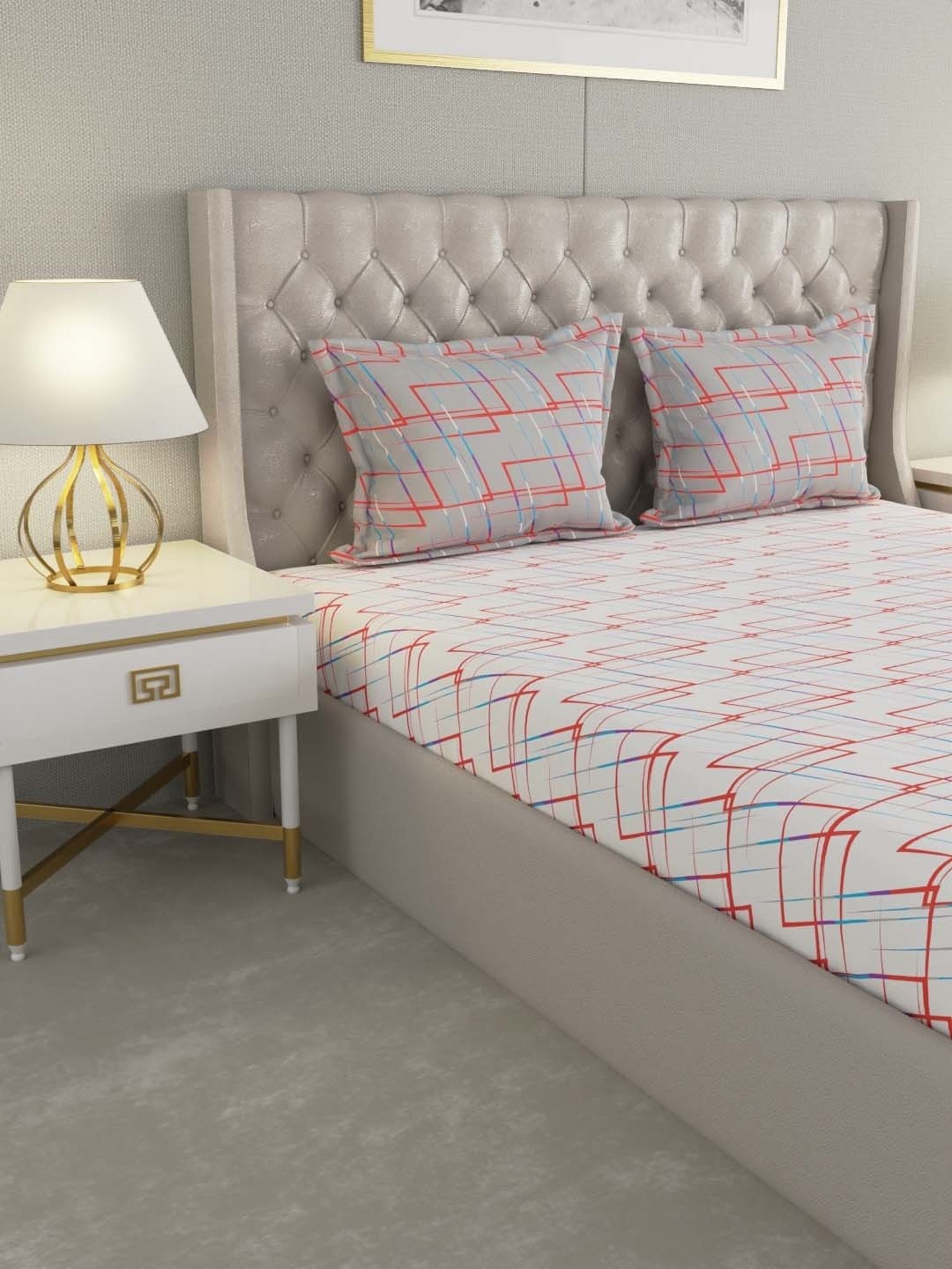 Raymond Home Mystique White & Red 110 TC Cotton Queen Bedsheet with 2 Pillow Covers