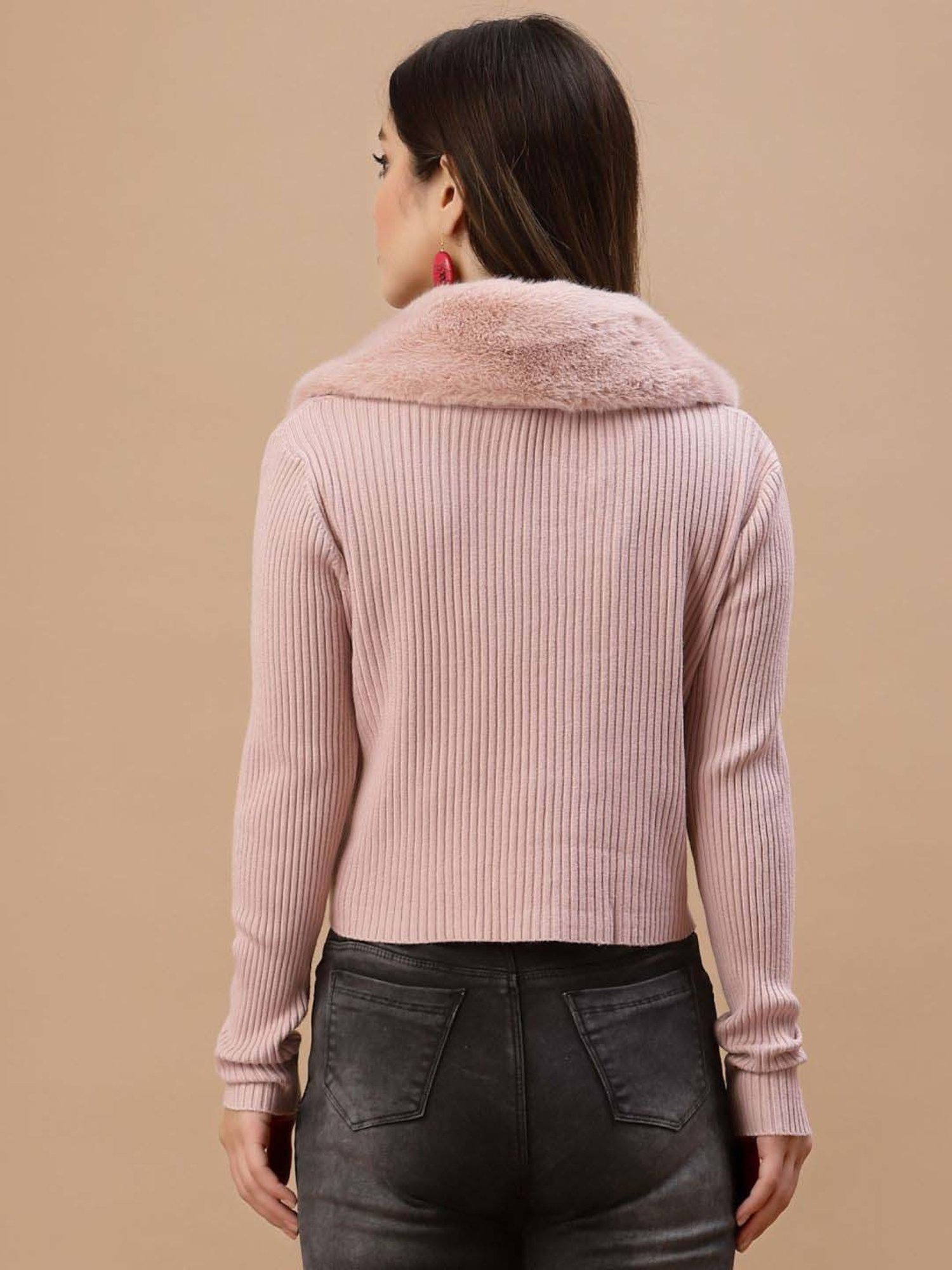 Mafadeny Peach Plain Cropped Cardigan