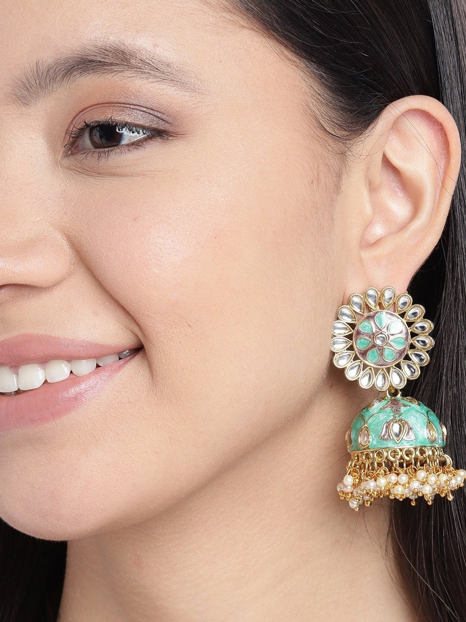 Zaveri Pearls Enamelling Grey & Green Kundan & Pearls Ethnic Jhumki Earrings - ZPFK9613