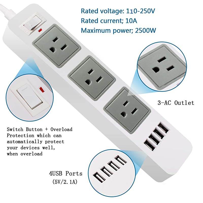 Strip White USB Strip with 2 Prong 66ft Extension Cord 3 AC Outlet Flat Plug Surge Protector for Workbench Nightstand Home Office and Hotel
