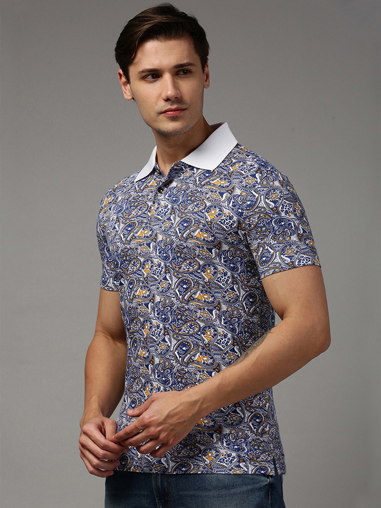 Kryptic White & Blue Regular Fit Printed Polo T-Shirt