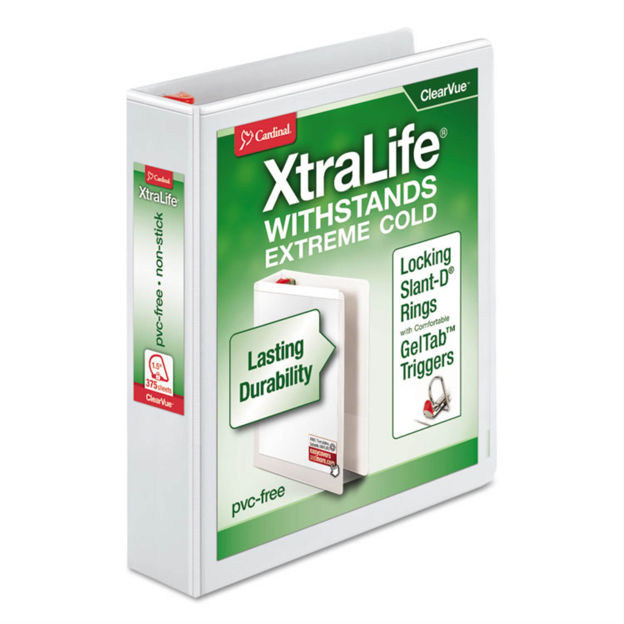 Cardinal XtraLife ClearVue&bdquo;&cent; Non-Stick Locking Slant-D Ring Binder ,BNDR,XLIF,SLT RNG,1.5",WE