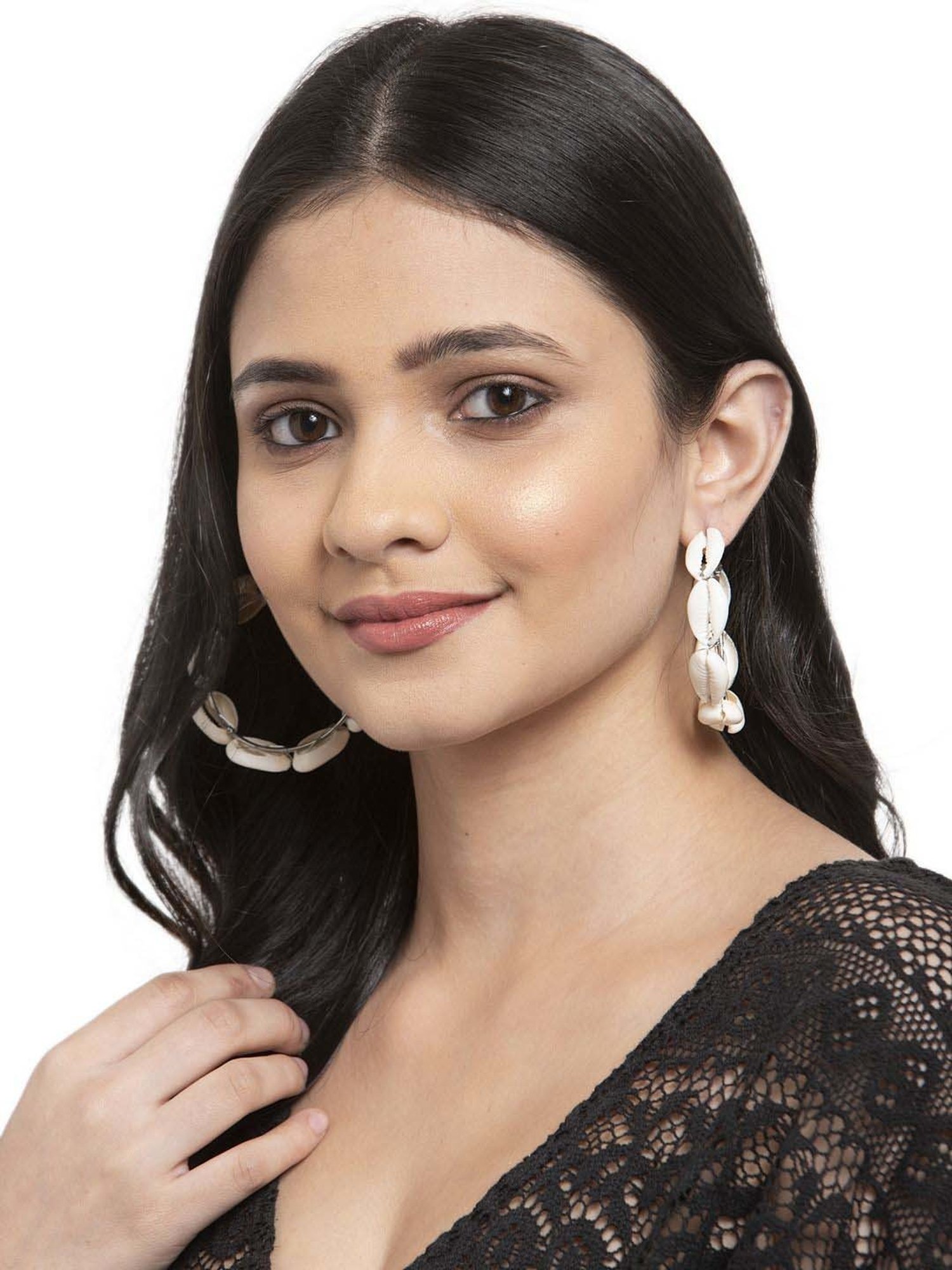 Panash Silver-toned & White Sea Shell Handcrafted Hoop Earrings