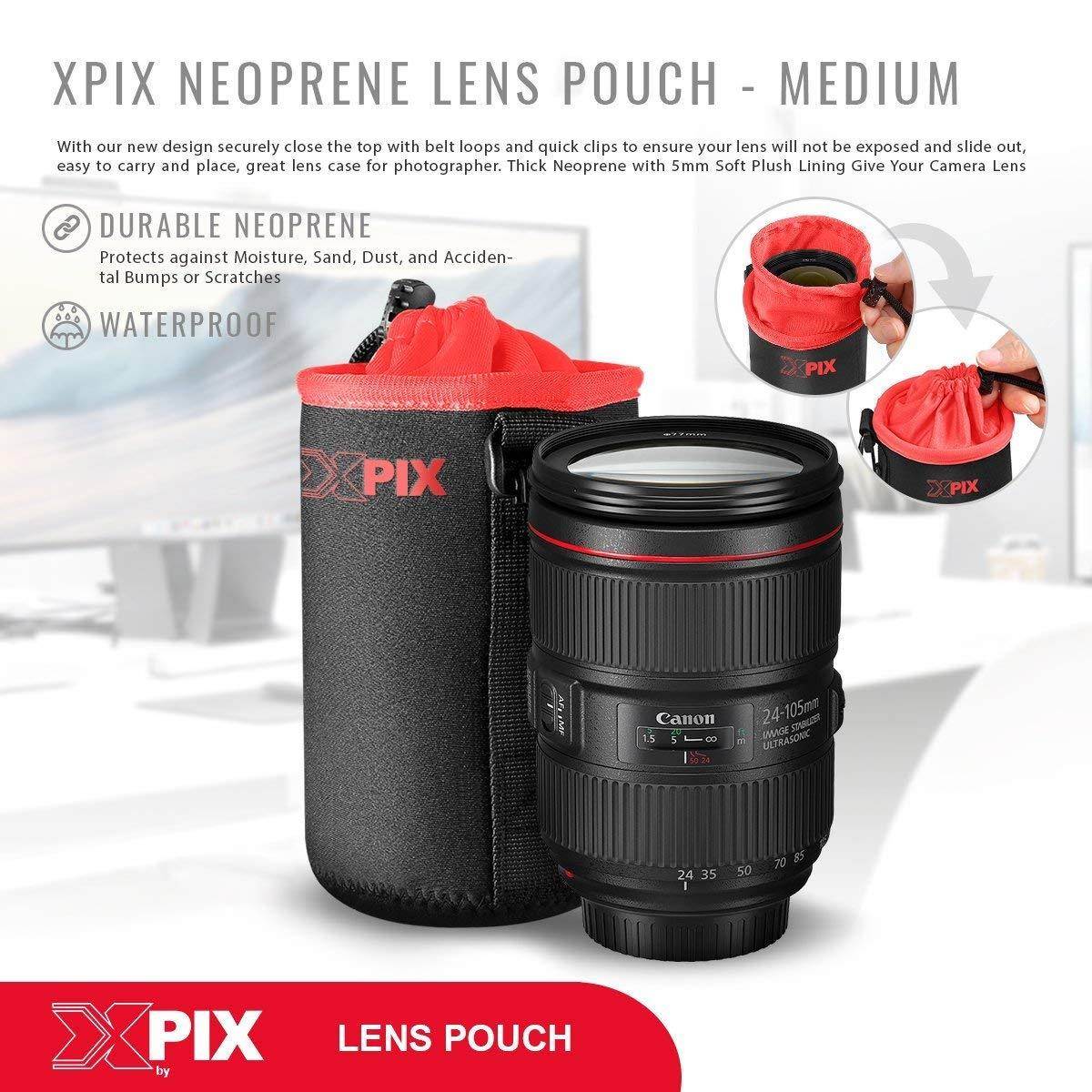 Xpix Deluxe Protector Neoprene DSLR Lens Pouch Kit (3 Pack) for Canon, Nikon, Pentax, Sony, Olympus, Panasonic, and More with Small, Medium, Large Pouches & Fibertique Cloth