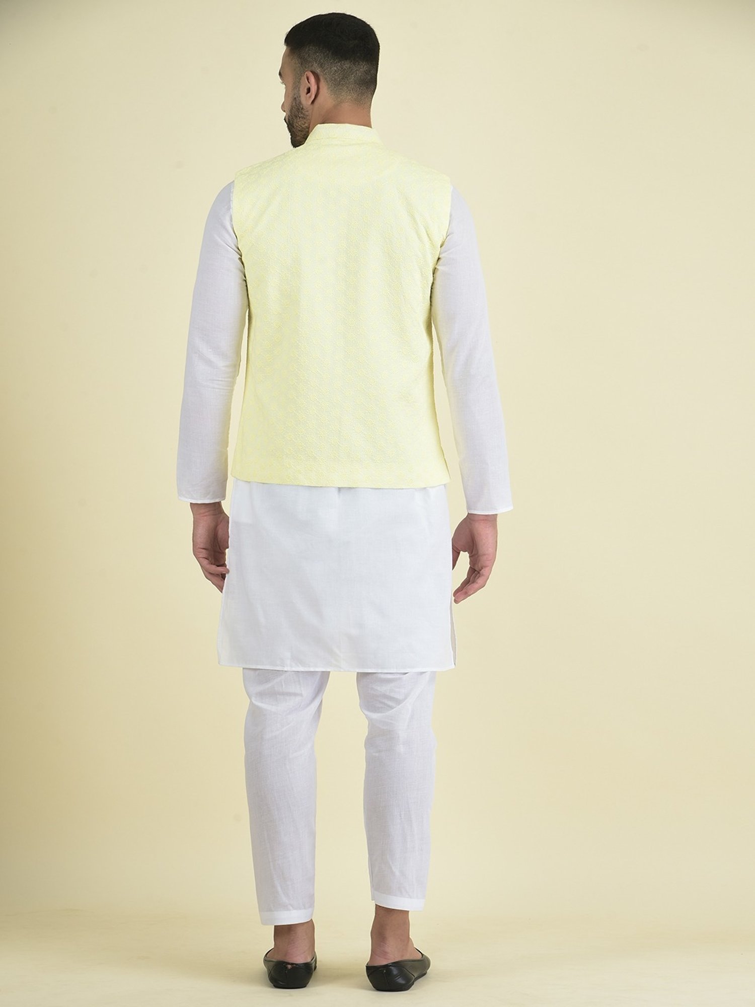 Deyann Yellow & White Cotton Regular Fit Embroidered Kurta Set With Jacket