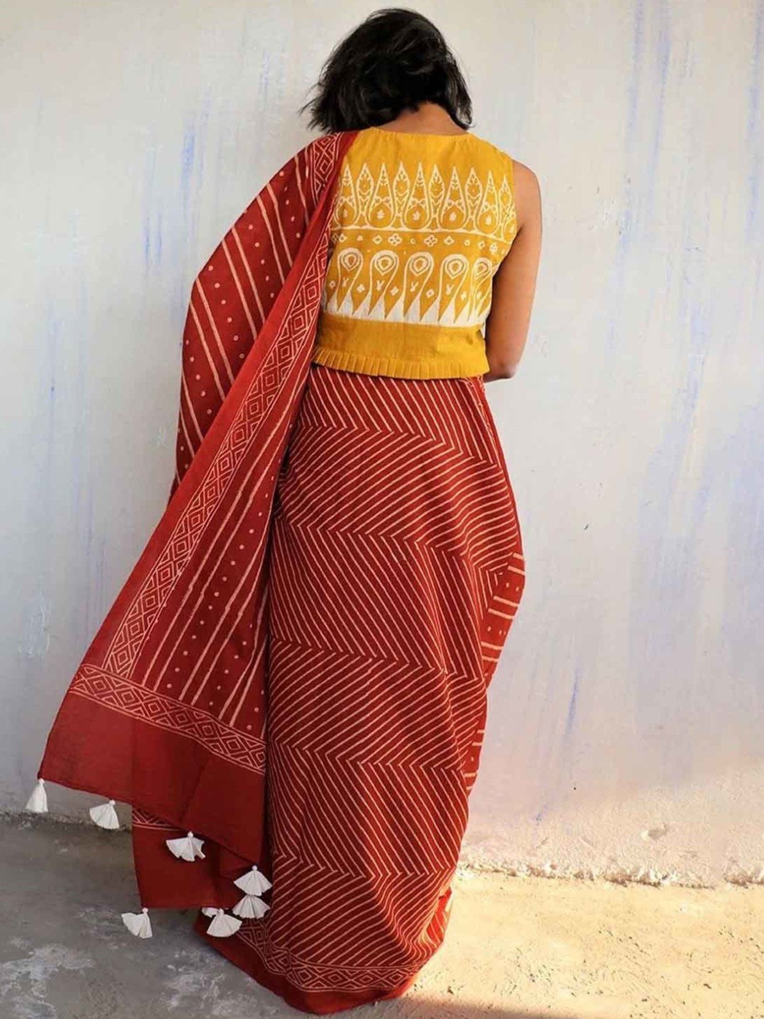 Chidiyaa Rust Block Printed Cotton Mulmul Saree - Butterfly Girls