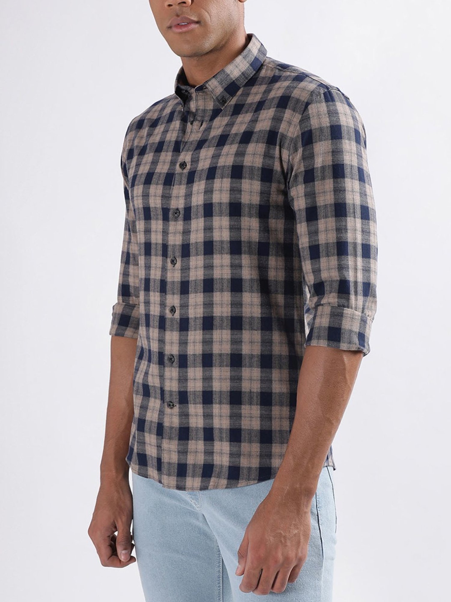 Lindbergh Brown Cotton Slim Fit Checks Shirt