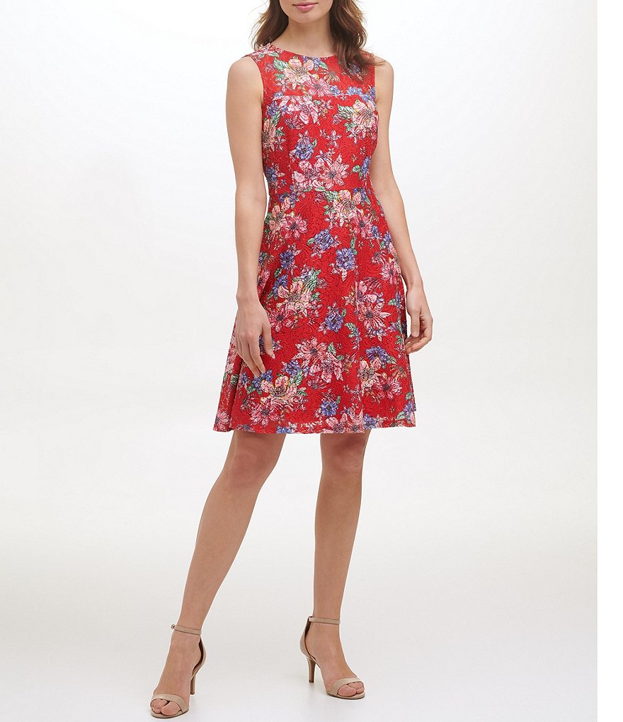 Kensie Jewel Neck Sleeveless Floral Lace A-Line Dress