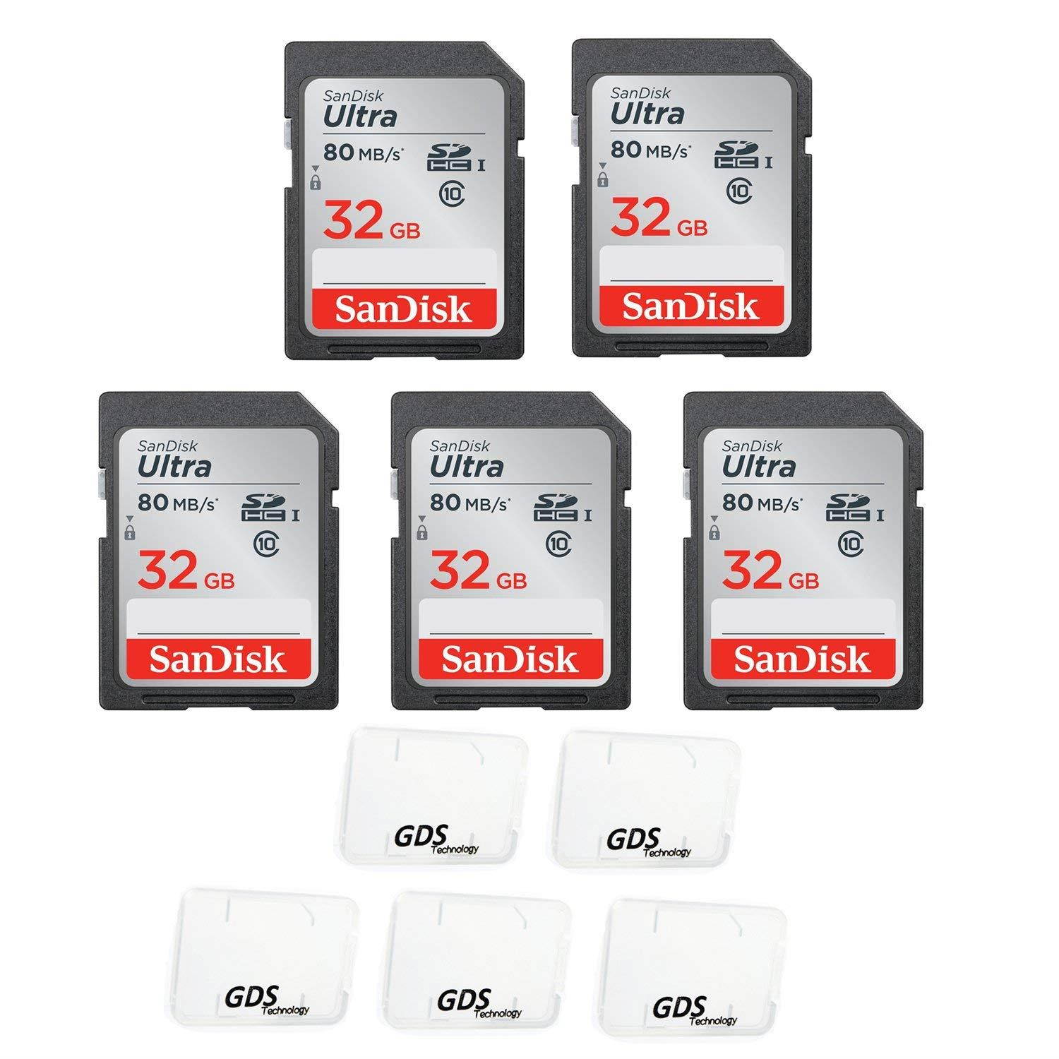 5x Genuine SanDisk Ultra 32GB Class 10 SDHC Flash Memory Card Up To 80MB/s Memory Card (SDSDUNC-032G-GN6IN) with slim memory card case (5 PCS)