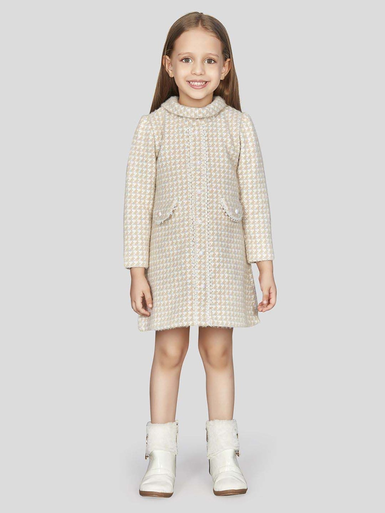 Peppermint Girls Beige Printed Full Sleeves Dress