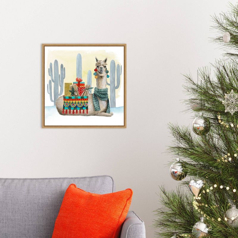 16" x 16" Boho Christmas II Llama Cactus by Grace Popp Framed Canvas Wall Art - Amanti Art