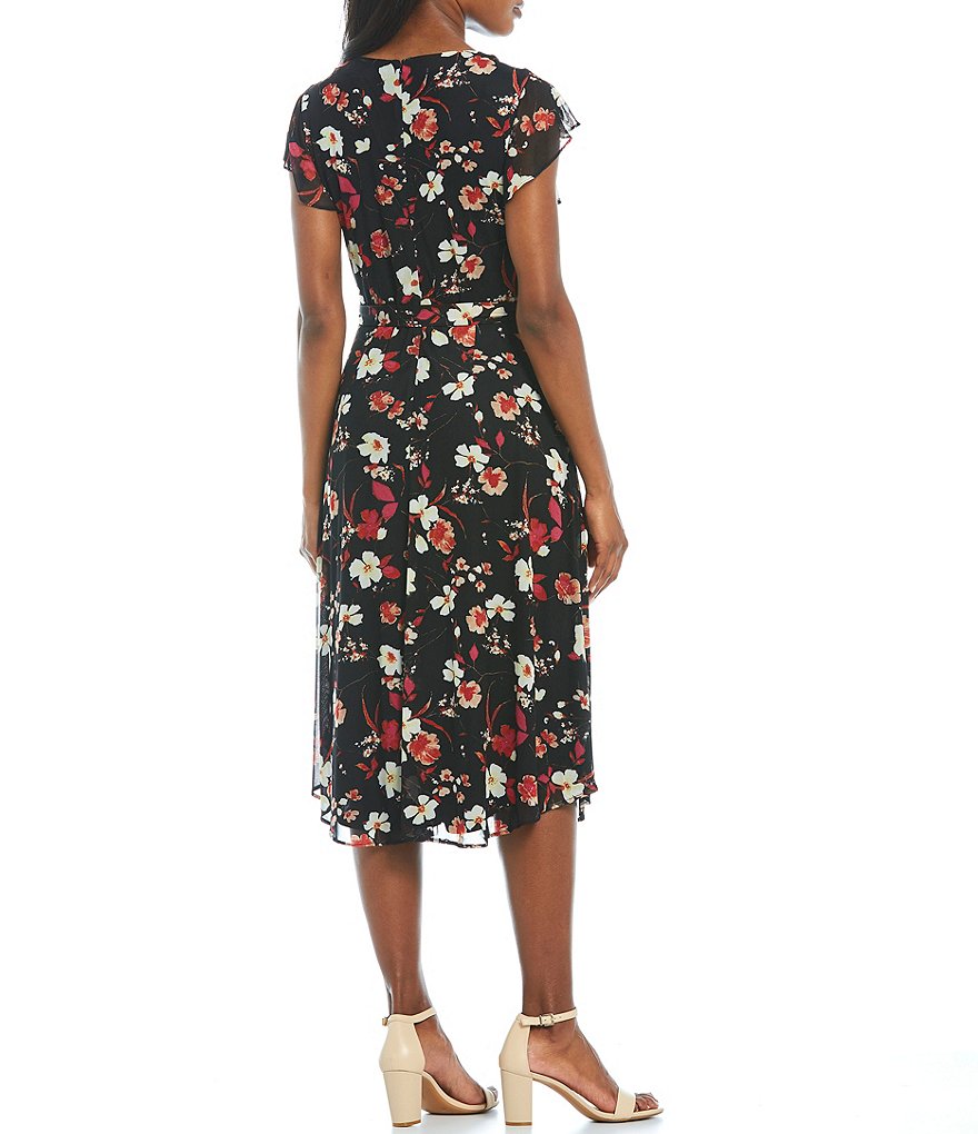 Leslie Fay Floral Flutter Cap Sleeve Ruffle Midi Dress