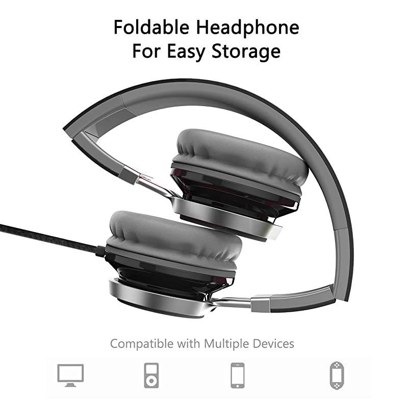 i39 Headphones with Microphone Foldable Lightweight Adjustable On Ear Headsets with 3.5mm Jack for Cellphones Computer MP3/4 Kindle School Black/Gray