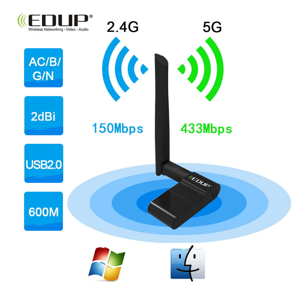 Dual Band Wireless Wifi USB Ethernet Adapter 2dBi Antenna for Laptop/PC 2.4+5.8GHz 600Mbps WiFi Receiver for Windows Mac - Black