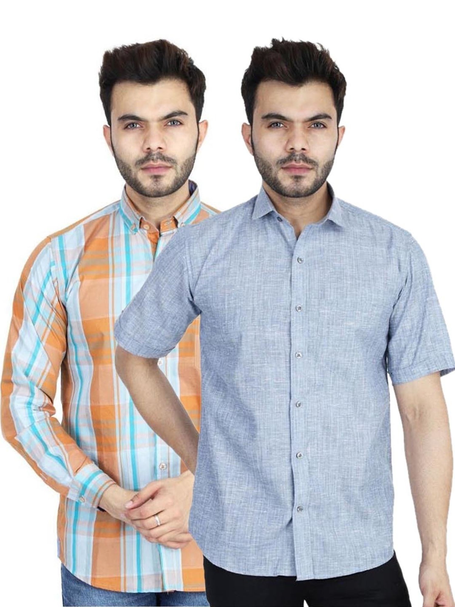 TAHVO Blue & Orange Cotton Slim Fit Shirt Pack of 2