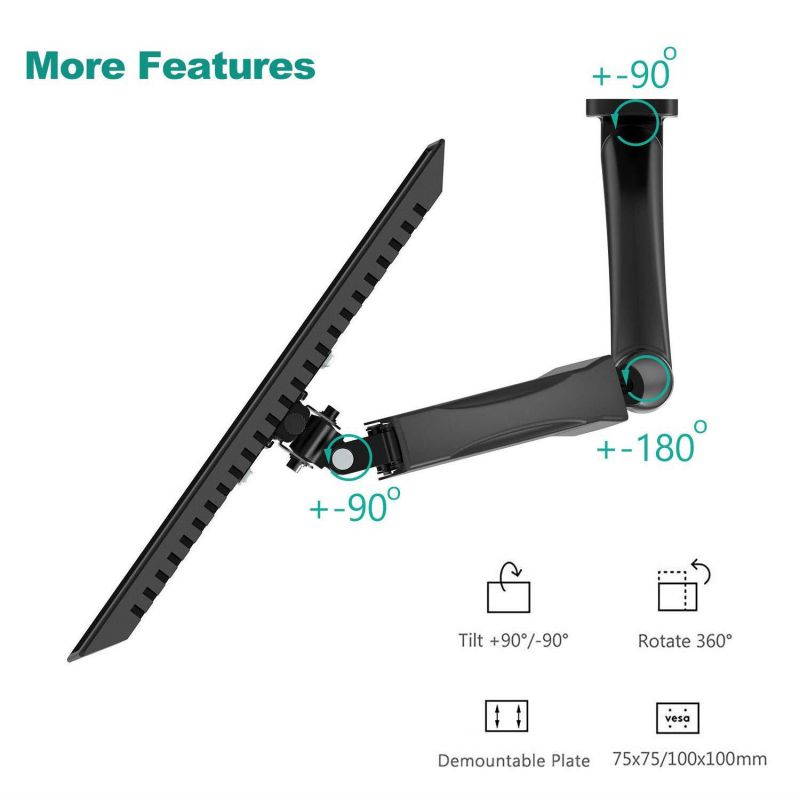 WALI Single LCD Monitor Fully Adjustable Gas Spring Wall Mount Fits One Screen VESA up to 27 , 14.3 lbs. Weight Capacity (GSWM001), Black