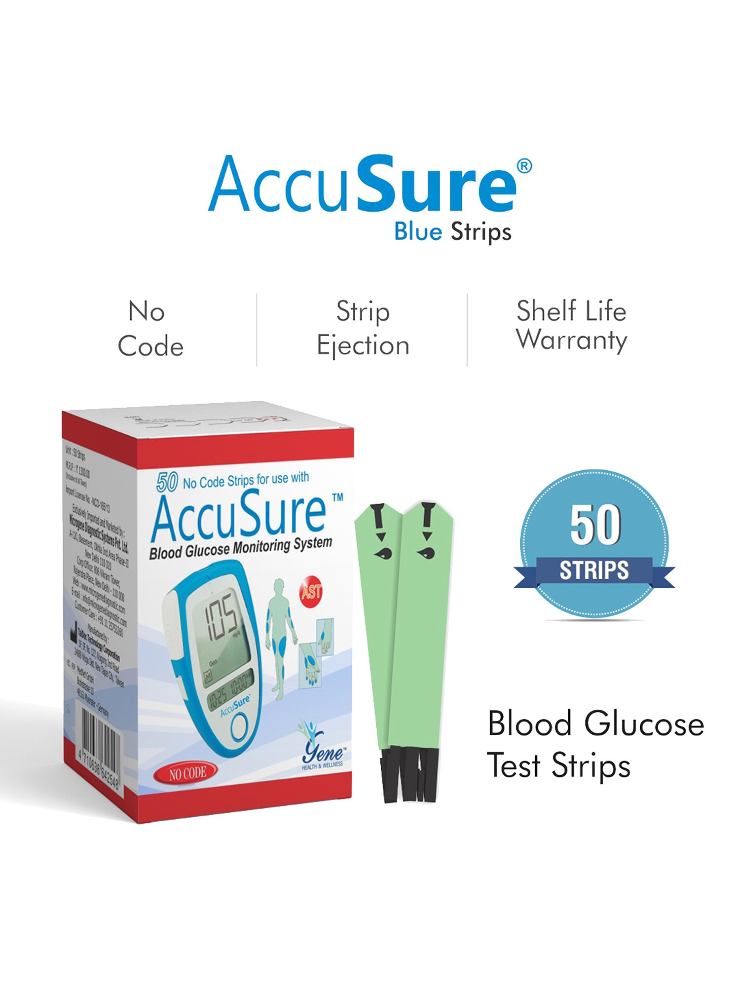 AccuSure Glucometer Test Strips, 50 Strips (Only Strips)