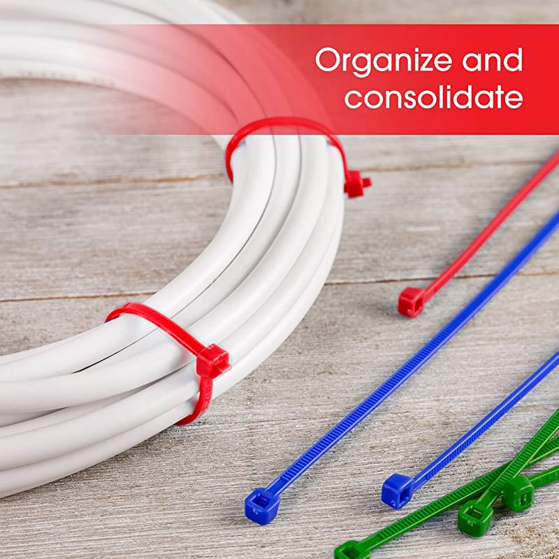 Power Gear Cable Ties, 4, 8 & 11-Inch Long, 1000-Pack, Nylon Plastic, Up to 3" Maximum Wrap, Durable, Self-Locking, 5, 50724, Assorted Color