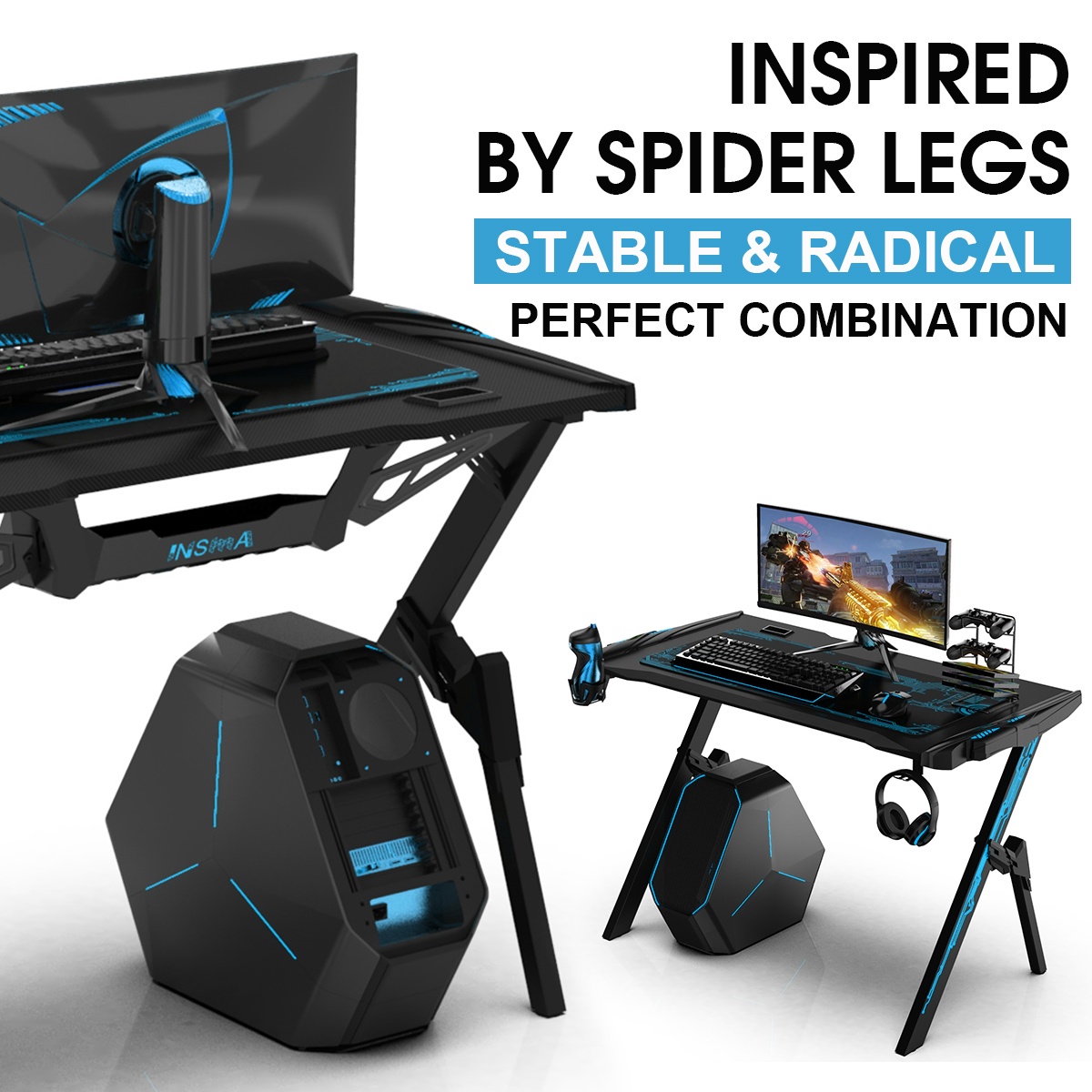 43.3" Metal Gaming Computer Desk RGB LED Lights W/ Cup Holder Headphone Hook Mouse Mat