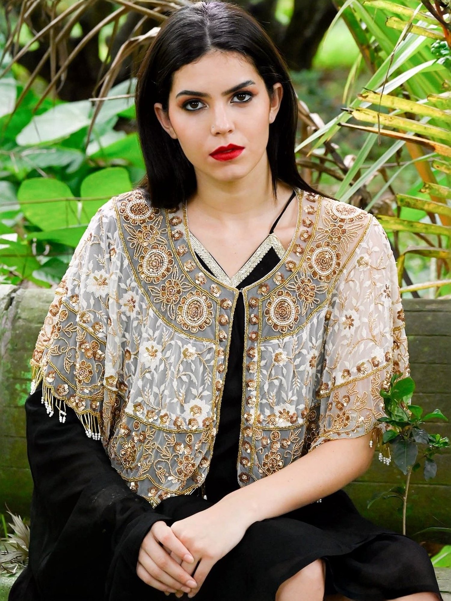 Odette White & Golden Embellished Fancy Cape