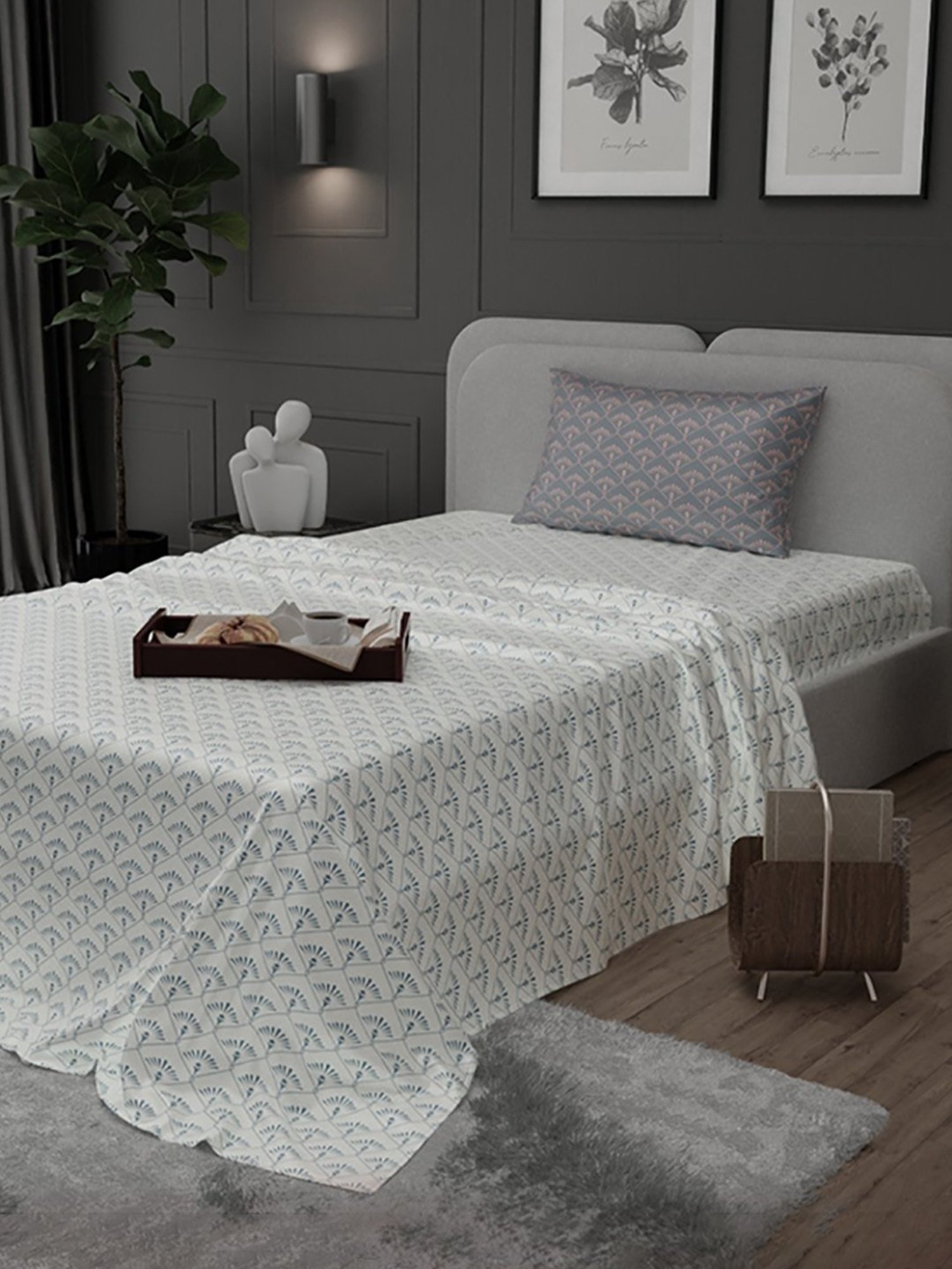 Stoa Paris Elegance Blue Polyester 300 TC Sateen Single Size Bed Sheet With 1 Pillow Cover