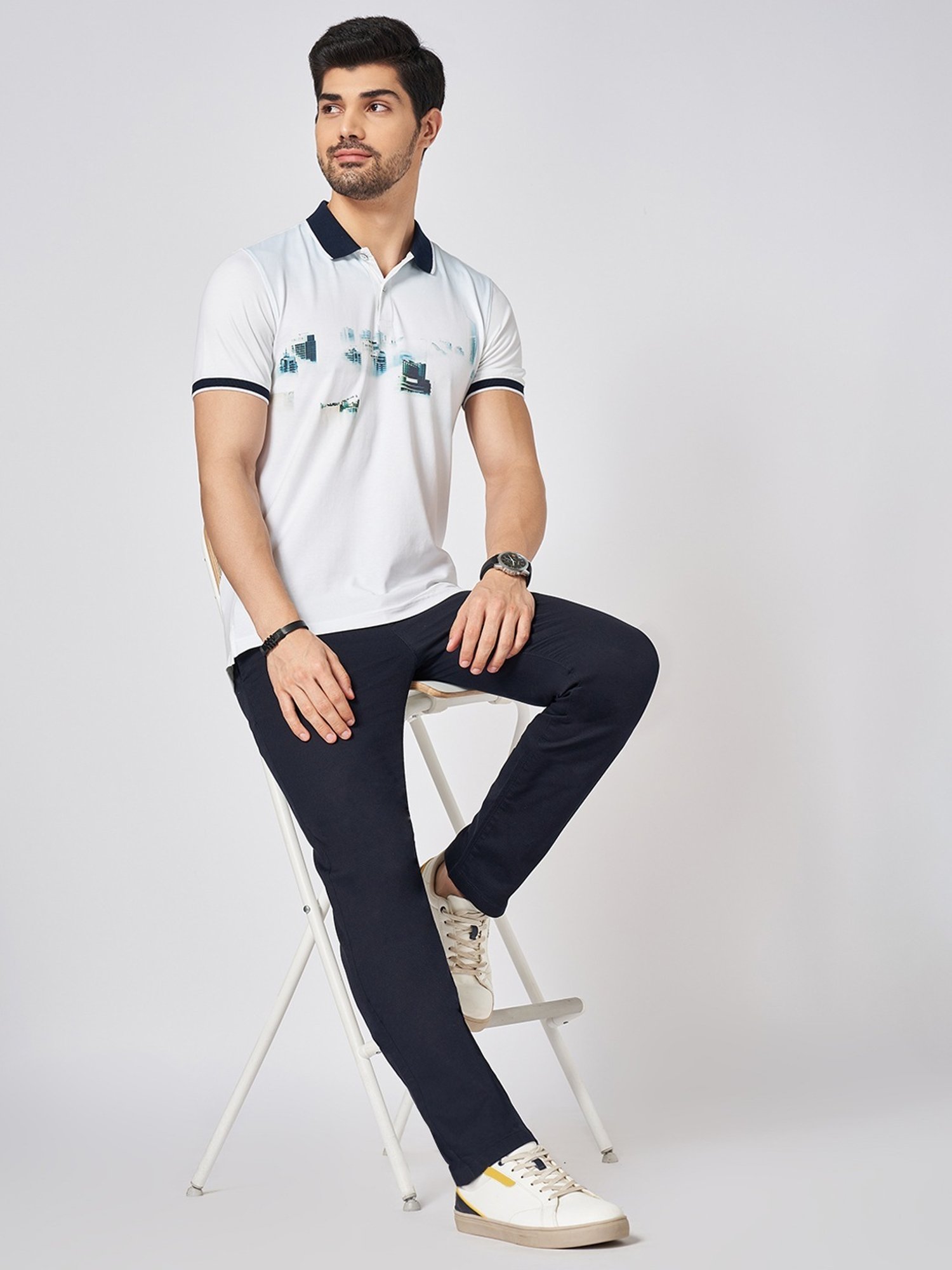Byford By Pantaloons White Cotton Slim Fit Printed Polo T-Shirt
