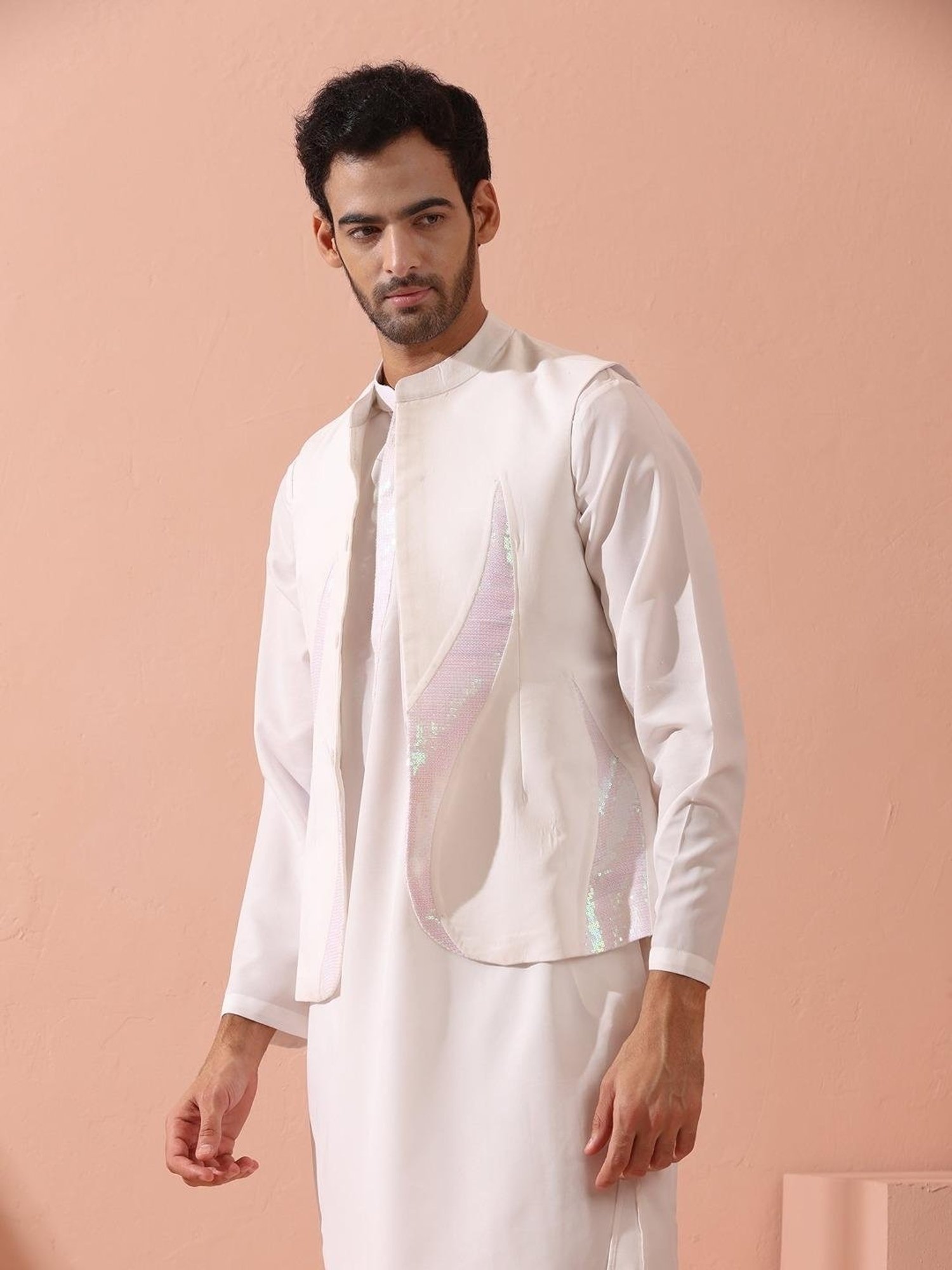 Swtantra White Regular Fit Embellished Nehru Jacket