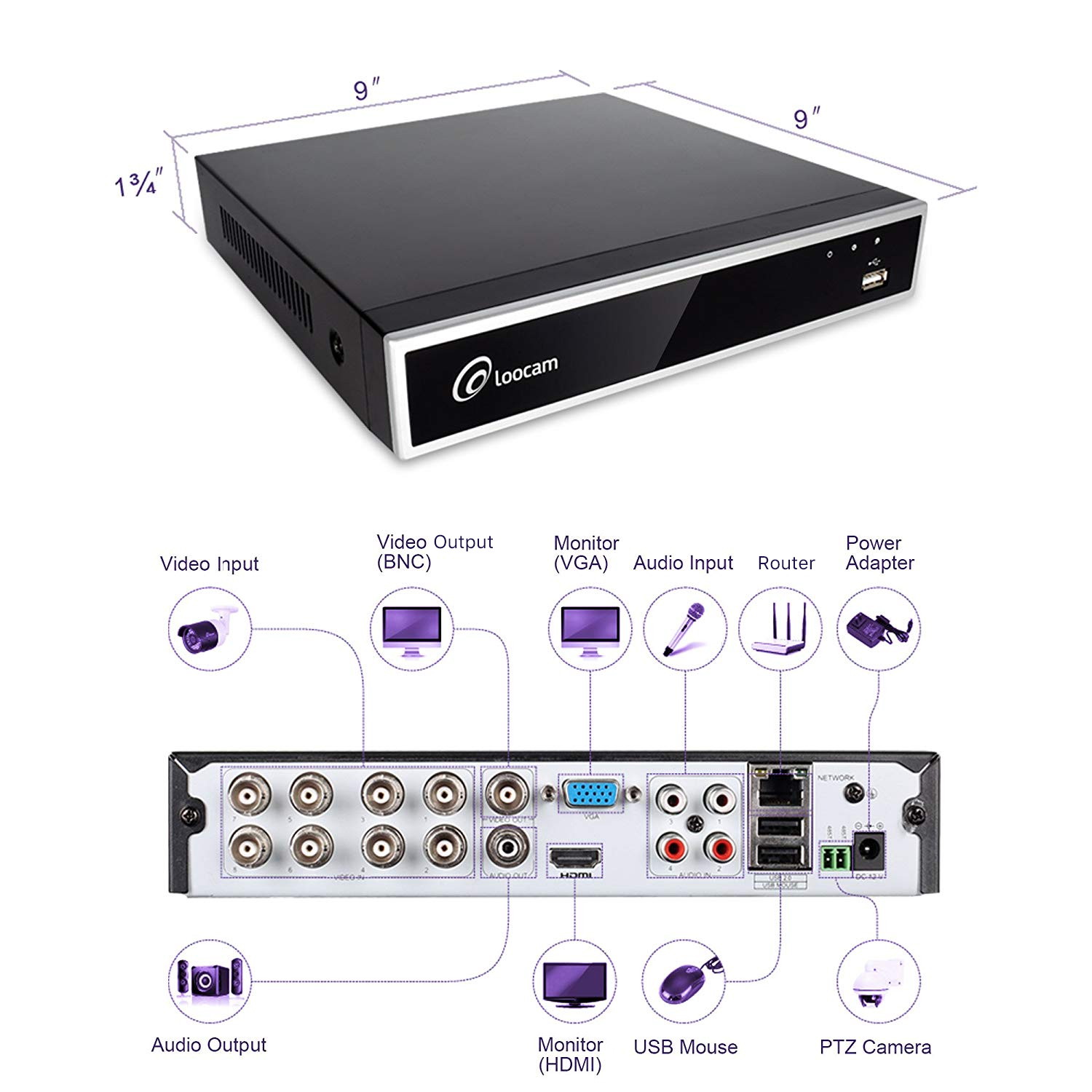 Loocam 1080p Surveillance Security Camera System, 8CH DVR with 2TB HDD 8 x 2.0MP 1920TVL IP67 Weatherproof Indoor/Outdoor CCTV Camera,Automatic 150ft Predator Night Vision and Motion Detection(88030T)