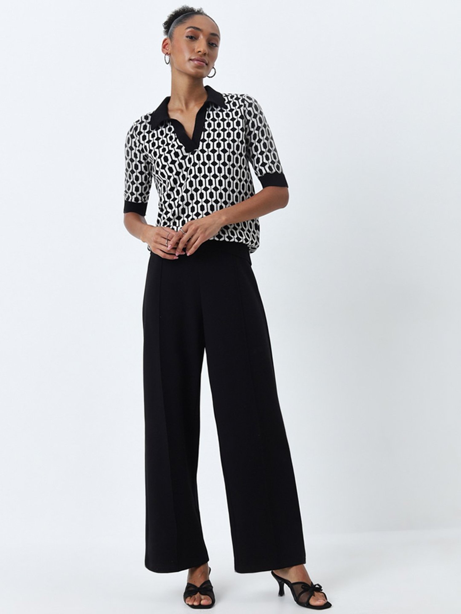 Wardrobe by Westside Black Geometric Printed Knitted Cotton Top