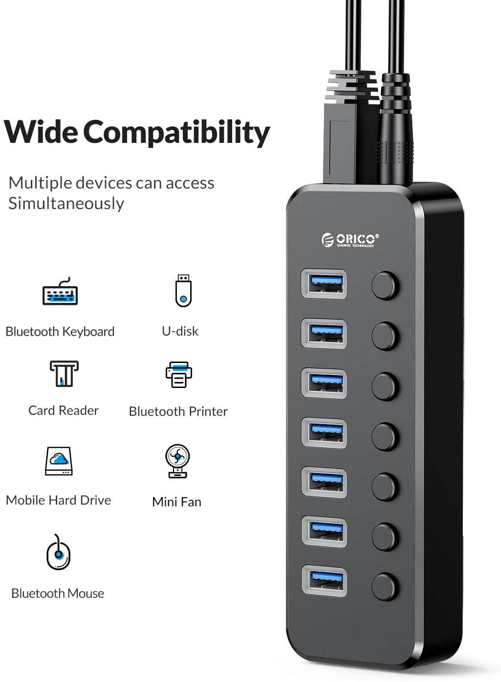 USB 3.0 Hub, Portable SuperSpeed 4 Port USB 3.0 Hub with Built-in Cable , USB Extension Multi-function USB Dock Hot Swapping Support for  Mac, PC, USB Flash Drives and Other Devices