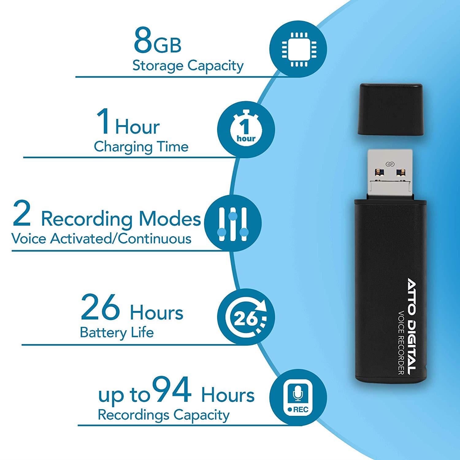 Slim Voice Activated Recorder &ndash; USB Flash Drive | 26 Hours Battery | 8GB - 94 Hours Capacity | 512 Kbps Audio Quality | Easy to Use USB Memory Stick Sound Recorder | lightREC by aTTo Digital