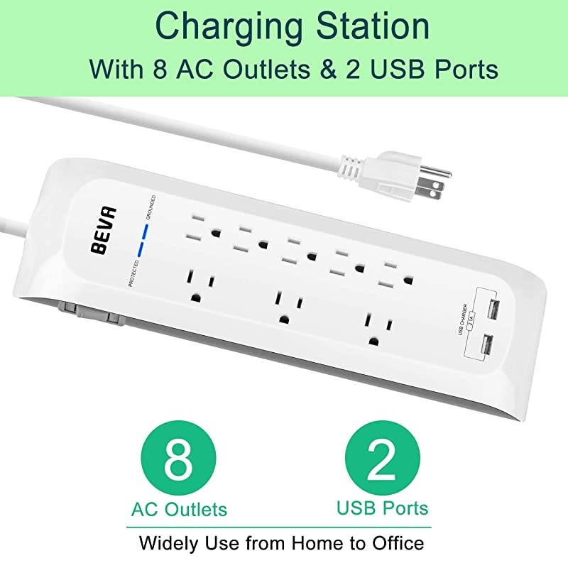 Protector Power Strip with USB, Mountable Power Strip with 2 USB Ports and 8 Outlets, 6 FT Long Extension Cord, 1875W/ 15A, 900 Joules, Circuit Breaker Safeguard Home& Office Accessories- White
